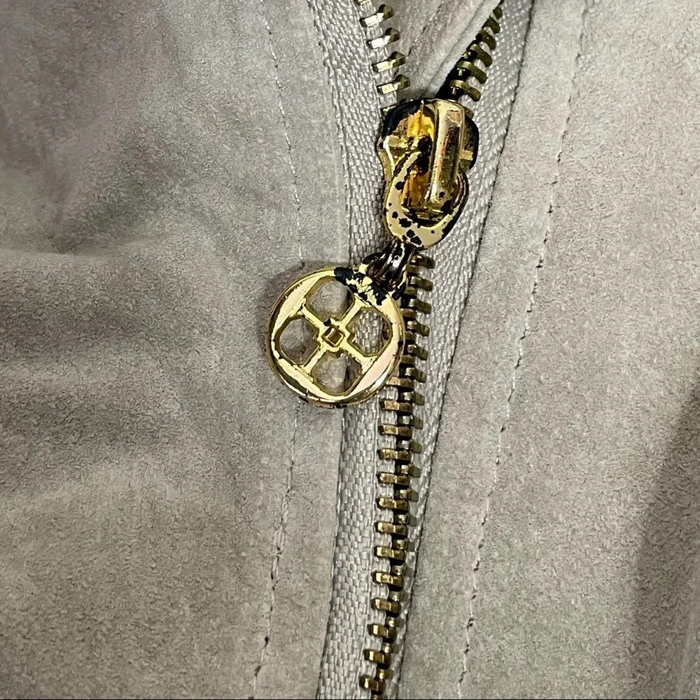 Iman suede 100% leather jacket grey zip up L womens trendy - Picture 11 of 11